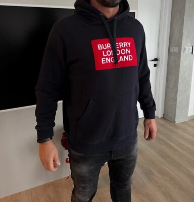 Moletom com capuz Burberry azul marinho vermelho pele logotipo Londres Inglaterra, tamanho XL - Imagem 1 de 4