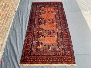 Antique Afghan Rug 3'10 x 7'5 Pictorial Wool Handmade Village Scene Hallway Rug - Picture 1 of 11