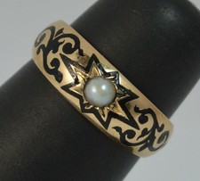 Seed Pearl Mourning Band Ring Victorian 15ct Gold Enamel and