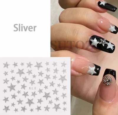 Pegatinas autoadhesivas para arte en uñas 3D estrellas brillantes rosas negras doradas plateadas BLE NH21 Foto 1 de 4