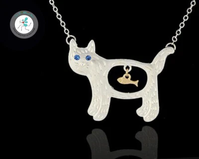 Halskette Anhänger Katze Fisch Retro Vintage Glücksbringer Geschenkidee Rarität - Bild 1 von 2