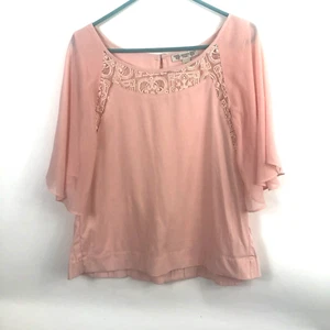 Women's Vintage America Pink Lace Accent Round Neck Flutter Sleeve Blouse Size L - Picture 1 of 7