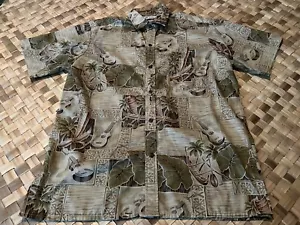 MALIHINI HAWAII Ukulele Uke Print Green Cotton Hawaiian Aloha Shirt Size Large - Picture 1 of 3