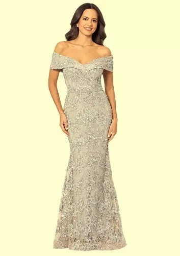 Vestido Xscape Dorado Plata Fuera del Hombro Bordado Talla 14 $288 Foto 1 de 2