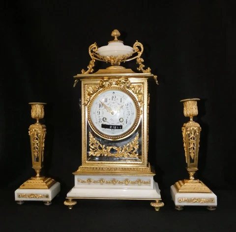 AD. MOUGIN Glass Pendule + 2xCandlesticks-BRONZE FEUERVERGOLDET-G-Glas-31211 Cover
