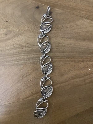 Vintage Sarah Coventry Leaf Link Bracelet Silver Plated 7.25” Windsong - Изображение 1 из 4