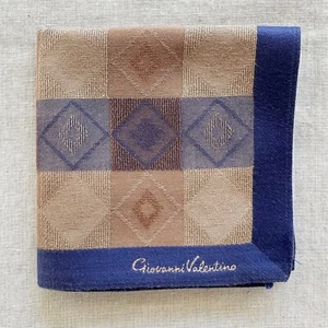 Vintage Handkerchief Fabric Woven Diamond Brown Blue & Striped Pocket Square 17" - Picture 1 of 4
