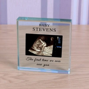 Baby Scan New Baby - Personalised Photo Glass Block Ornament Gift 9cm - Picture 1 of 3