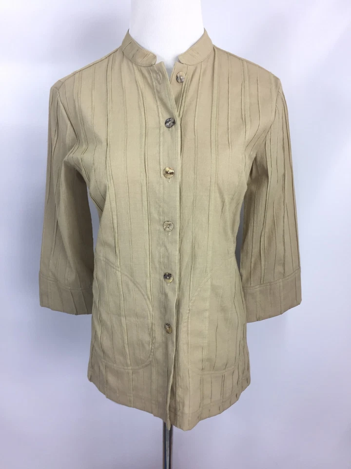 Citron Santa Monica Womens Top Bamboo Button Khaki Mandarin Collar Pleated PXS - Image 1 of 4