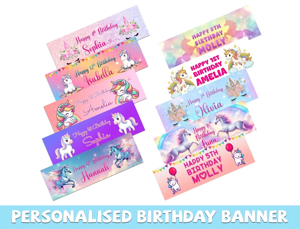 Banners de cumpleaños personalizados con diseño de unicornio decoración de fiesta para niños niños 610 Foto 1 de 1