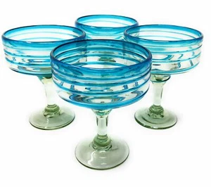 Mexican Hand Blown Glass – Set of 4 Aqua Spiral Margarita Glasses (16 oz) - Picture 1 of 6