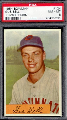 Bowman 124 Gus Bell 1954 (errores 26/11).  PSA 8 NMMT.  Pop bajo. (TX5231). Foto 1 de 2