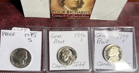 3 Different Jefferson Proof Nickels. As Pictured. 1975, 76, 77S. Free Ship N134 Cover