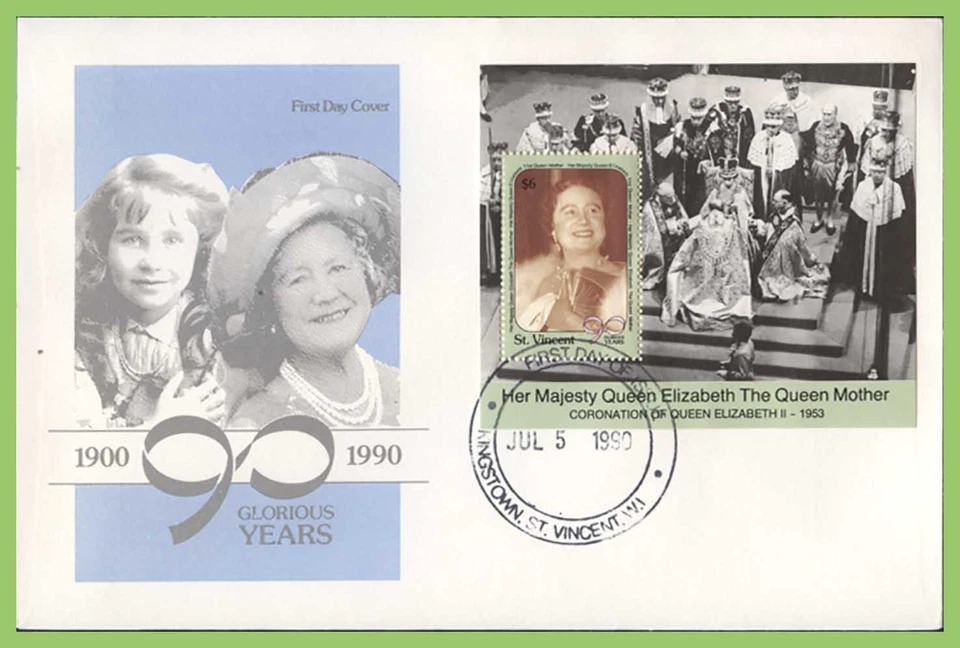 St Vincent 1990 Queen Mother 90th Birthday M/S on First Day Cover - Image 1 of 1