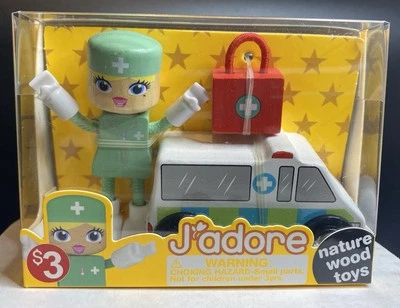 Juguetes franceses de madera natural J'adore Dr. Eileen con ambulancia y bolsa nuevos sellados Foto 1 de 4
