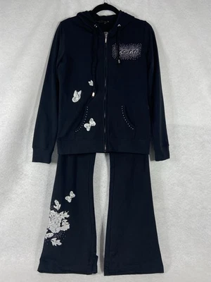 Conjunto de chándal Bcbg Maxazria 2 piezas para mujer M negro estampado mariposa estrás Y2K Foto 1 de 4