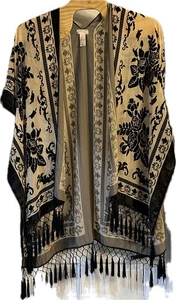 Free People One Size Duster Kimono Nightbird Burnout Velvet Boho Artsy Tasseled - Picture 1 of 3