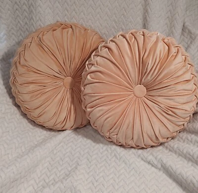 Retro Pair Pink Velvet Round Pillows Pleated Mcm Pumpkin Granny Core Sofa Bed - Image 1 of 4