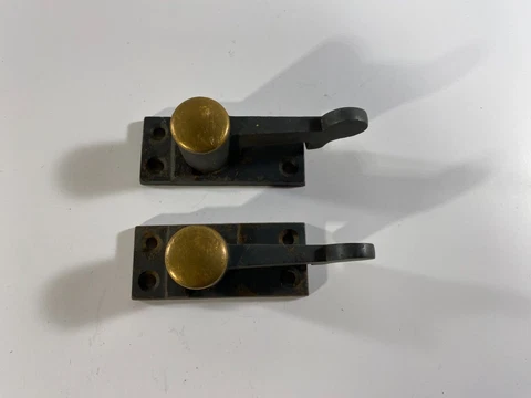2 Vintage Window Locks Latches Sash Shutter Lever Brass Knob Cover
