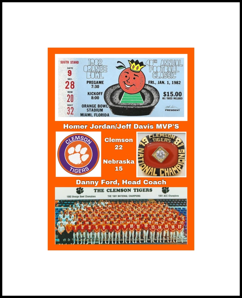 CLEMSON TIGER 1981 ORANGE BOWL CHAMP MATE MULTI IMAGEN COLLAGE FOTO @TICKET/EQUIPO Foto 1 de 1