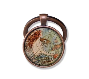 Vintage Art Mermaid Ocean Beach Sea Mystical  Glass Pendant Keychain KEYRING - Picture 1 of 7