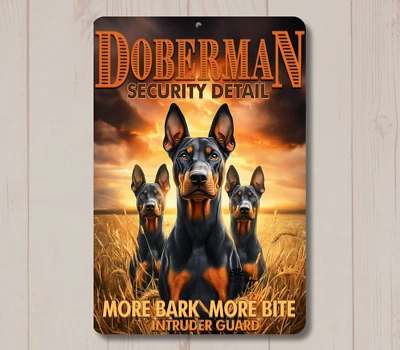 Letrero de detalle de seguridad Doberman, perros guardianes interior exterior metal estaño pared puerta arte Foto 1 de 4