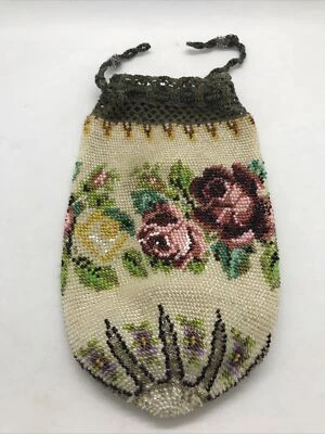 Antiguo Monedero Victoriano Micro Cuentas Multicolor Diseño Rosas Hecho a Mano Foto 1 de 4