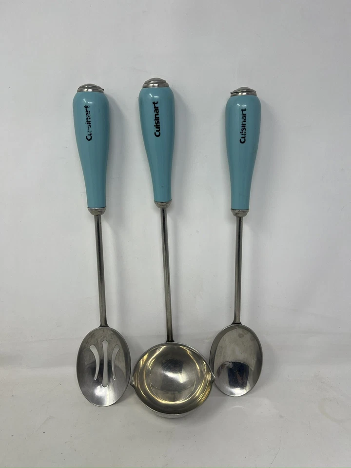 Cuisinart Turquoise Aqua Handle Stainless Cooking Utensil Set Of 3 Spoons Ladle - Image 1 of 1