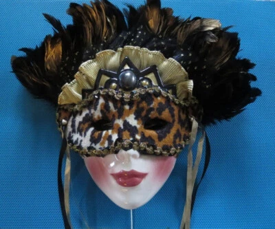 Clay Art Ceramic Face Wall Mask, Animal Print Mask with Feathers, Musical - Image 1 of 4