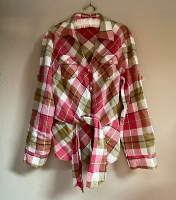 Jones New York Signature Womens Linen Plaid Tie-Front Shirt Large Red Cabincore - Image 1 of 4