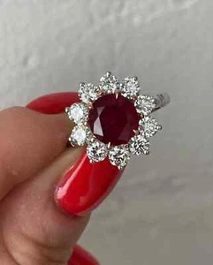 3.27Ct Round Cut Certified Natural Ruby & Diamond Engagement Ring 14K White Gold - Picture 1 of 9