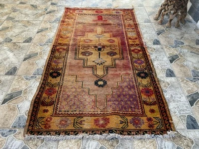 3x6 ft Vintage Turkish Rug, Geometric Pattern, Red Blue Oriental Tribal Area Rug - Image 1 of 4