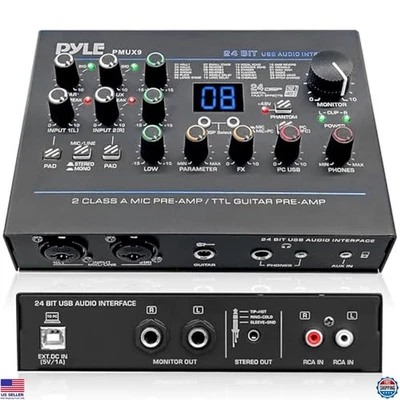 Pyle PMUX9 USB Audio Interface - MIC/LINE & Guitar Inputs, 24 Effects, Phantom - Image 1 of 4