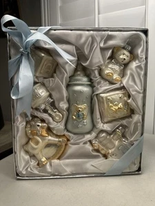 VINTAGE Set of Baby Boy's First Christmas Glass Ornaments - Original Box - Picture 1 of 9