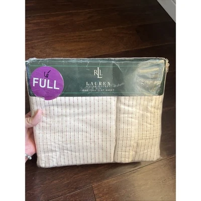 RALPH Lauren FULL FLAT SHEET Red Cream Cross Stripe RARE 100% Cotton 200 Threads - Image 1 of 4