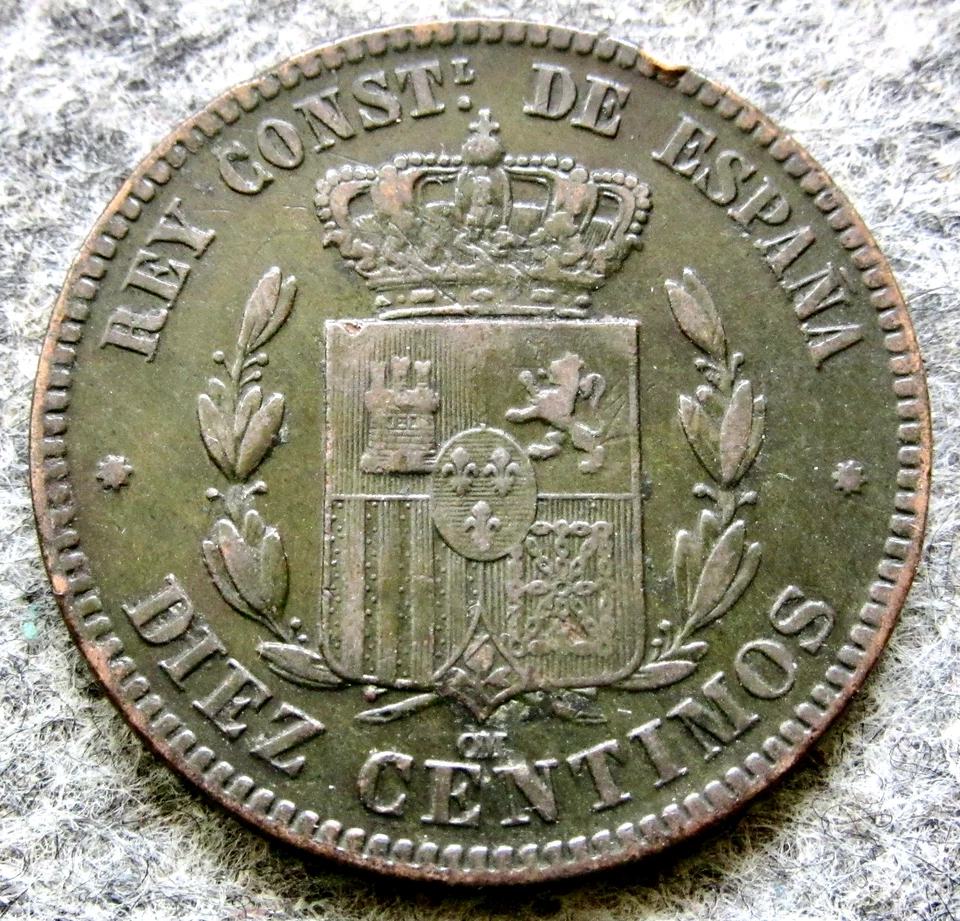 ESPAÑA ALFONSO XII 1879 OM 10 CENTIMOS, Escudo Coronado Bronce km# 675 Foto 1 de 4