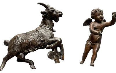 2 Éléments en Régule XIX ème Chérubin Angelot & Bouc Chèvre pour pièces - Photo 1/4