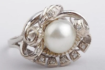 Diamant Ring 14K Weiß Gold 585 Akoya Perle 0,1ct Diamant Antik! # - Bild 1 von 4