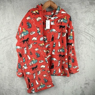 Vera Bradley 睡衣套装女式 XL 假日猫红羊毛连帽衫和裤子睡衣全新带标签 — 第 1/4 张图片