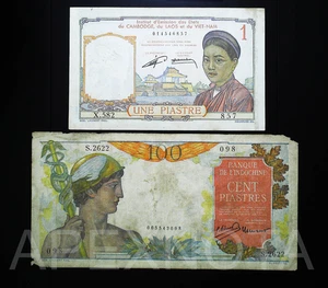 INDO CHINA 1 100 PIASTRE CIRCULATED VF-XF VIET NAM FRENCH INDO NOTE 2PCS - Picture 1 of 2