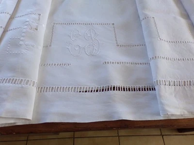 Drap Ancien en Lin Monogramme "EB"  230 cm x 300 cm  Avec Retour - Photo 1/4