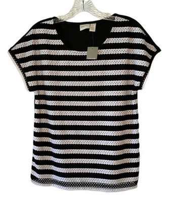 Zenergy by Chico's Black + White Paloma Mesh Stripe Short Sleeve Top Size 4 - Image 1 of 4