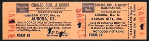 Chicago, Burlington & Quincy Railroad SAMPLE Ticket Kansas City Aurora c1945-55 - Picture 1 of 2