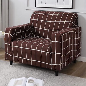 Fancy Checked  Design Elastic Stretchable 1 Seater Brown Sofa Cover For Home