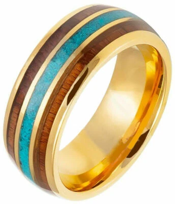 8mm CARBURO DE TUNGSTENO HOMBRE ORO AMARILLO CHAPADO EN IP INCRUSTACIÓN TURQUESA TRITURADA 7-15 Foto 1 de 2