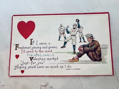 ANTIQUE EMBOSSED BASEBALL THEME VALENTINE EMBOSSED POSTCARD & DIE CUT CARD #1245 - Image 1 of 2