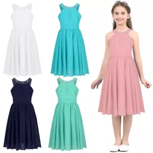 Kids Girls Gown Holiday Dress Ruched Dresses Junior Summer Halter Neck Party - Picture 1 of 76
