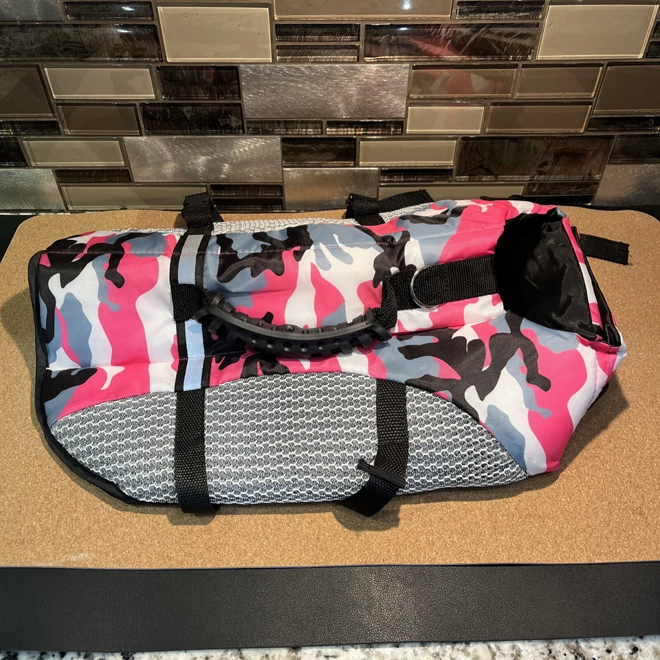Camouflage Pink, Black & Gray Dog Life Jacket Swimming Size 14 Inches Long - Image 1 of 3