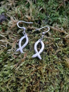 Ichthys Jesus Fish Earrings - Stainless Steel Hooks - Pewter Pendants - Picture 1 of 4