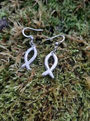 Ichthys Jesus Fish Earrings - Stainless Steel Hooks - Pewter Pendants - Image 1 of 4